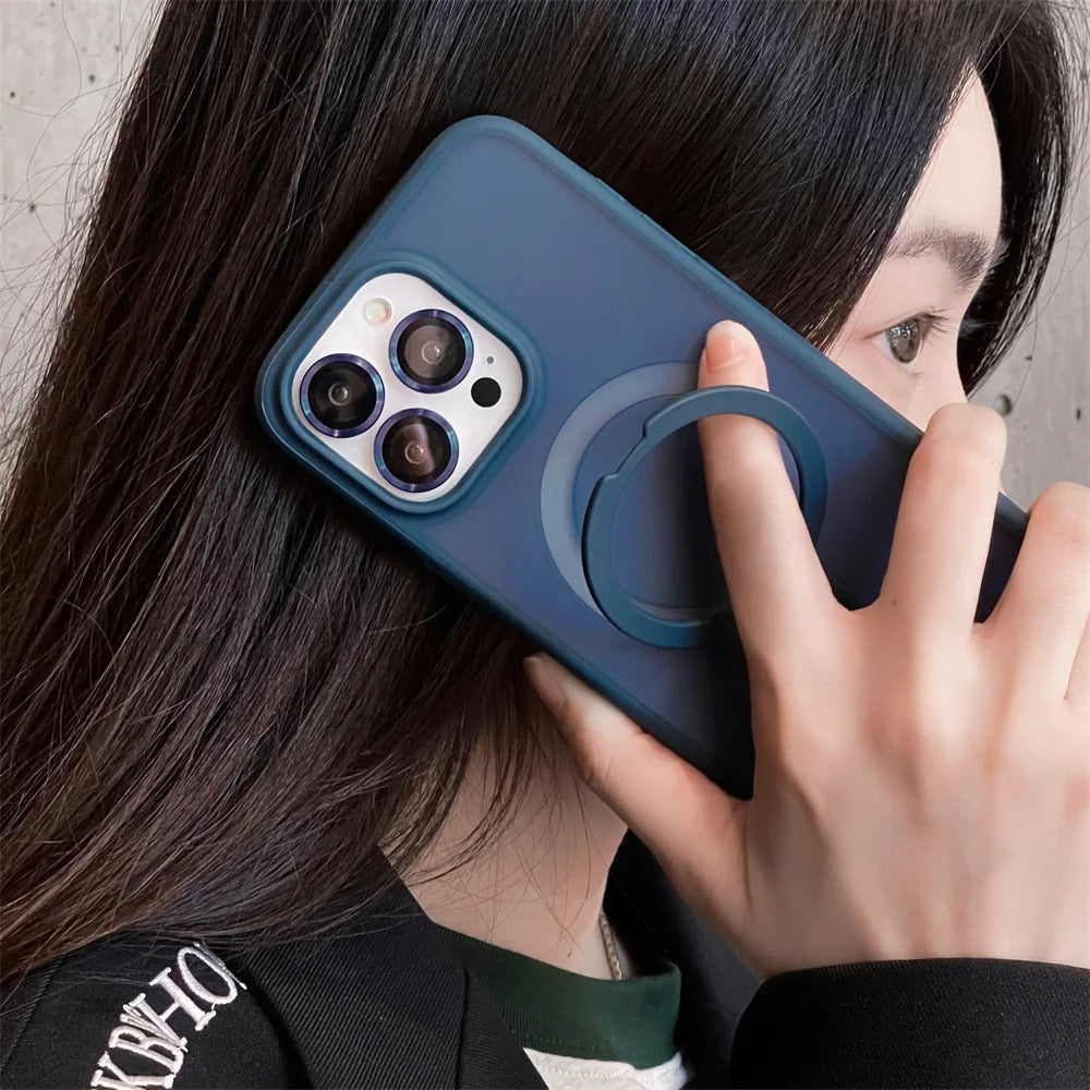 Luxury iPhone MagSafe Case Matte Design — Metal Ring Stand Holder with Lens Protector, Magnetic Wireless Charging, Shockproof Anti-Scratch Non-Slip Cover