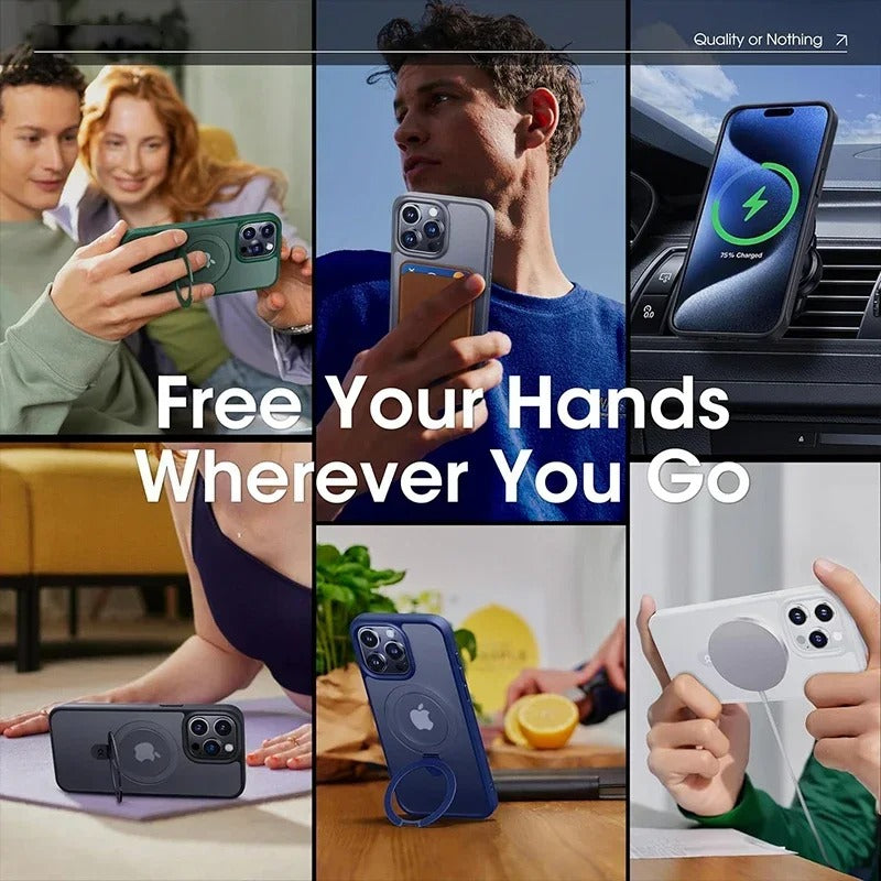 Luxury iPhone MagSafe Case Matte Design — Metal Ring Stand Holder with Lens Protector, Magnetic Wireless Charging, Shockproof Anti-Scratch Non-Slip Cover