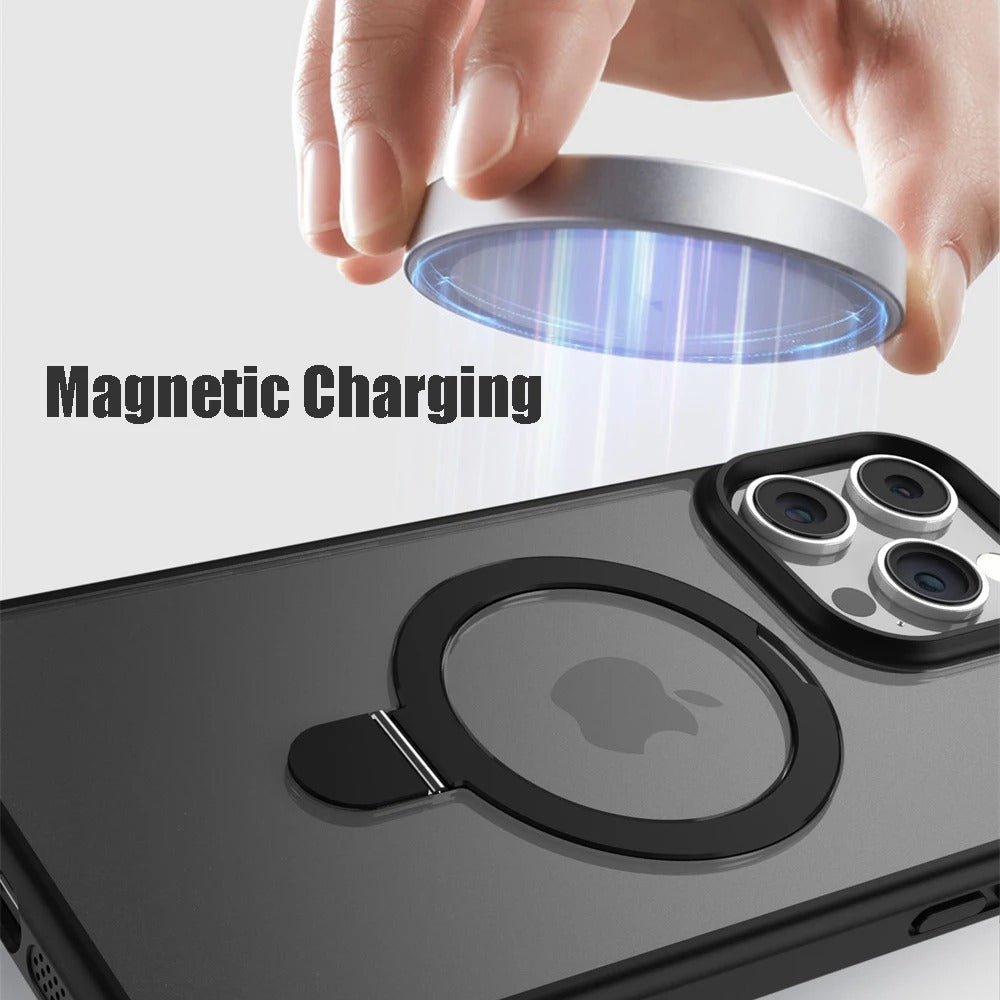 Luxury iPhone MagSafe Case Matte Design — Metal Ring Stand Holder with Lens Protector, Magnetic Wireless Charging, Shockproof Anti-Scratch Non-Slip Cover