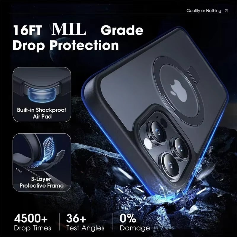 Luxury iPhone MagSafe Case Matte Design — Metal Ring Stand Holder with Lens Protector, Magnetic Wireless Charging, Shockproof Anti-Scratch Non-Slip Cover