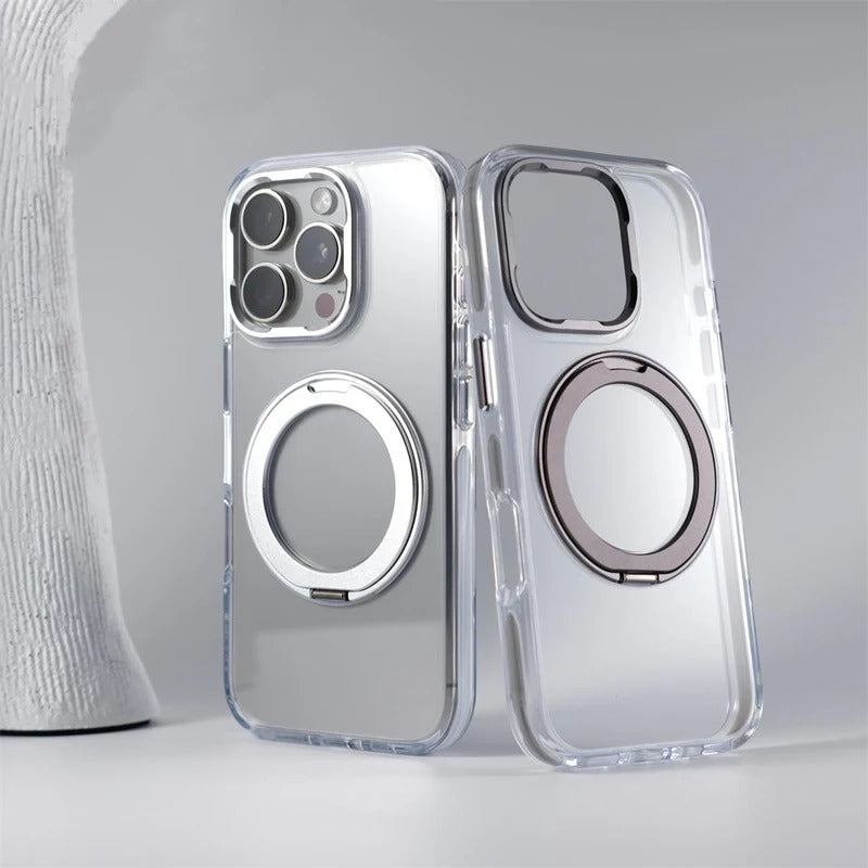 Luxury iPhone MagSafe Case Transparent Hard PC Cover — 360° Kickstand Holder, Magnetic Wireless Charging, Full Coverage Shockproof Protection