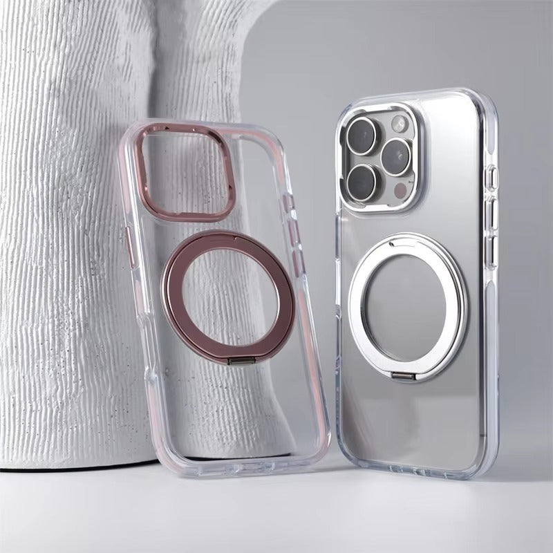 Luxury iPhone MagSafe Case Transparent Hard PC Cover — 360° Kickstand Holder, Magnetic Wireless Charging, Full Coverage Shockproof Protection
