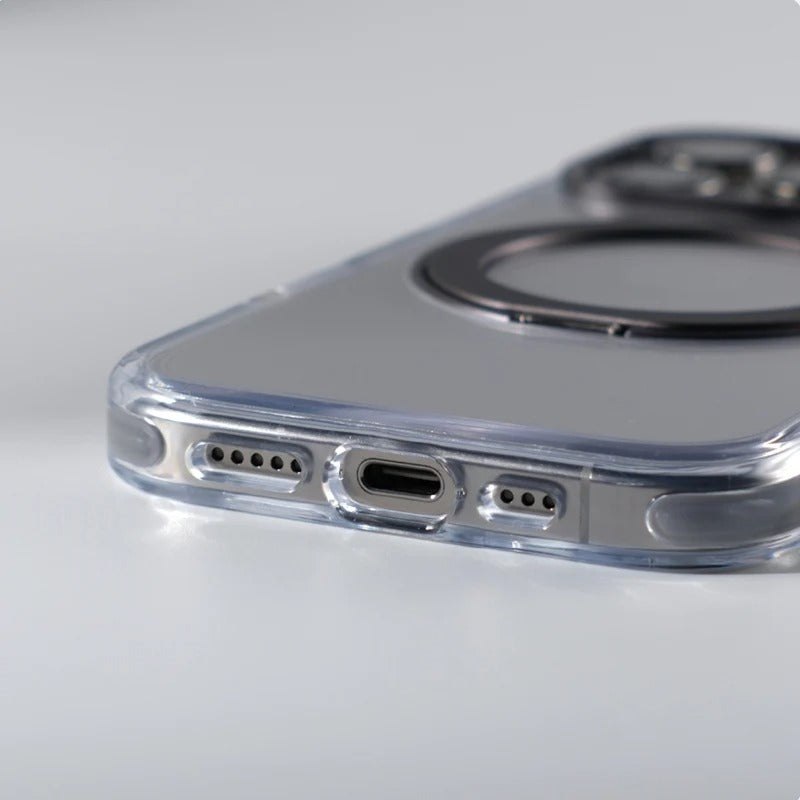 Luxury iPhone MagSafe Case Transparent Hard PC Cover — 360° Kickstand Holder, Magnetic Wireless Charging, Full Coverage Shockproof Protection