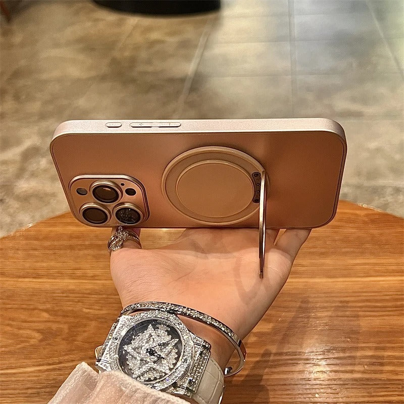Luxury iPhone MagSafe Case with 360° Rotatable Ring Holder — Frosted Plating Cover, Lens Film Protection, Slim Shockproof Scratch-Resistant Design