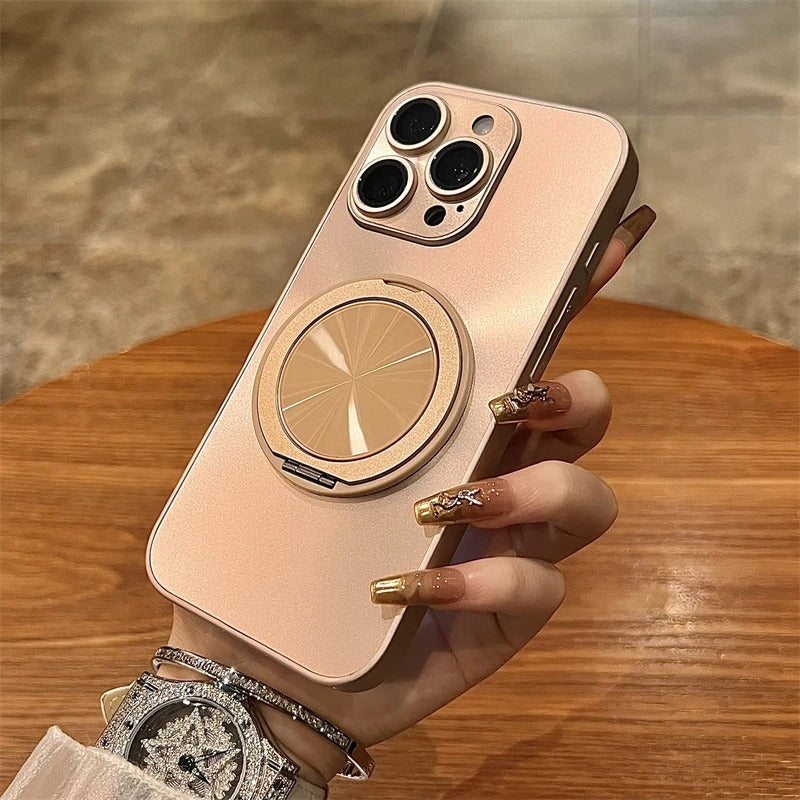 Luxury iPhone MagSafe Case with 360° Rotatable Ring Holder — Frosted Plating Cover, Lens Film Protection, Slim Shockproof Scratch-Resistant Design