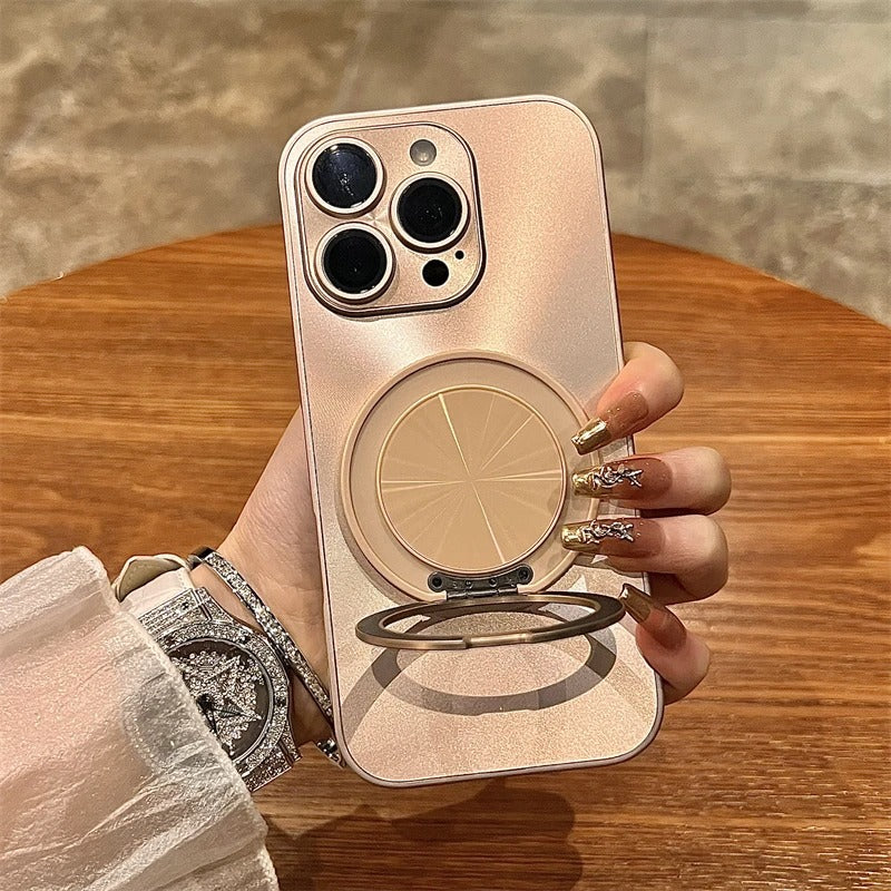 Luxury iPhone MagSafe Case with 360° Rotatable Ring Holder — Frosted Plating Cover, Lens Film Protection, Slim Shockproof Scratch-Resistant Design