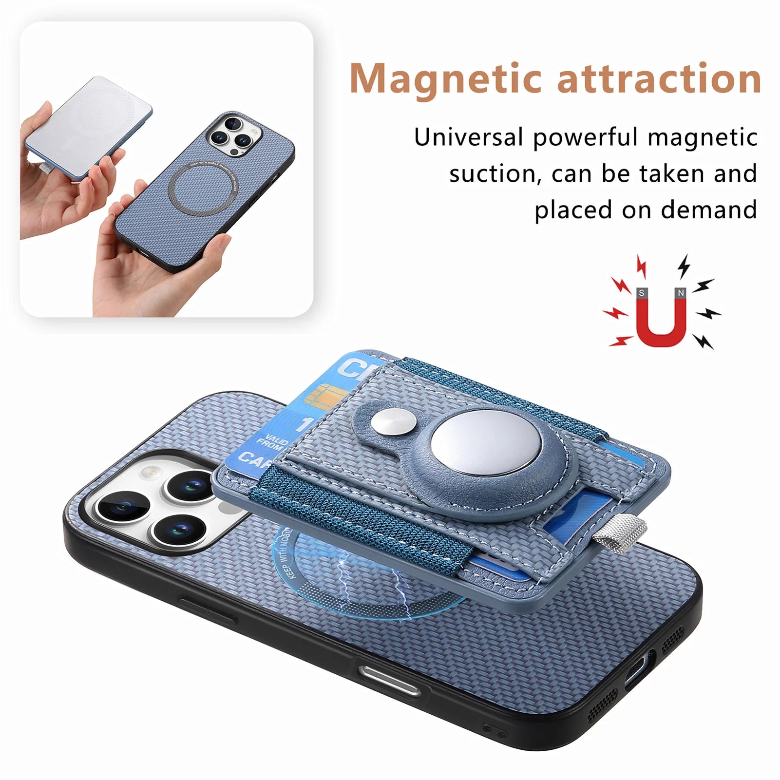 Luxury iPhone MagSafe Case with AirTag Card Holder — Magnetic Adsorption Wallet Cover, Slim PC+TPU Design, Anti-Scratch Dustproof Non-Slip Protection