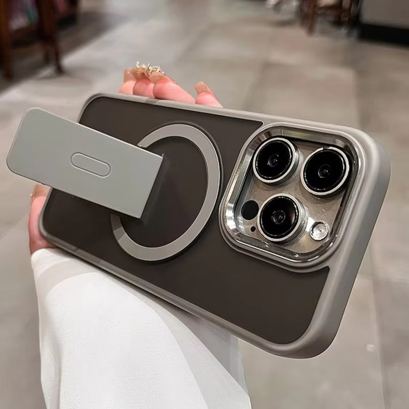 Luxury iPhone MagSafe Case with Fold Stand — Magnetic Kickstand Holder, Slim Shockproof Bumper Protection, Wireless Charging Compatible Design