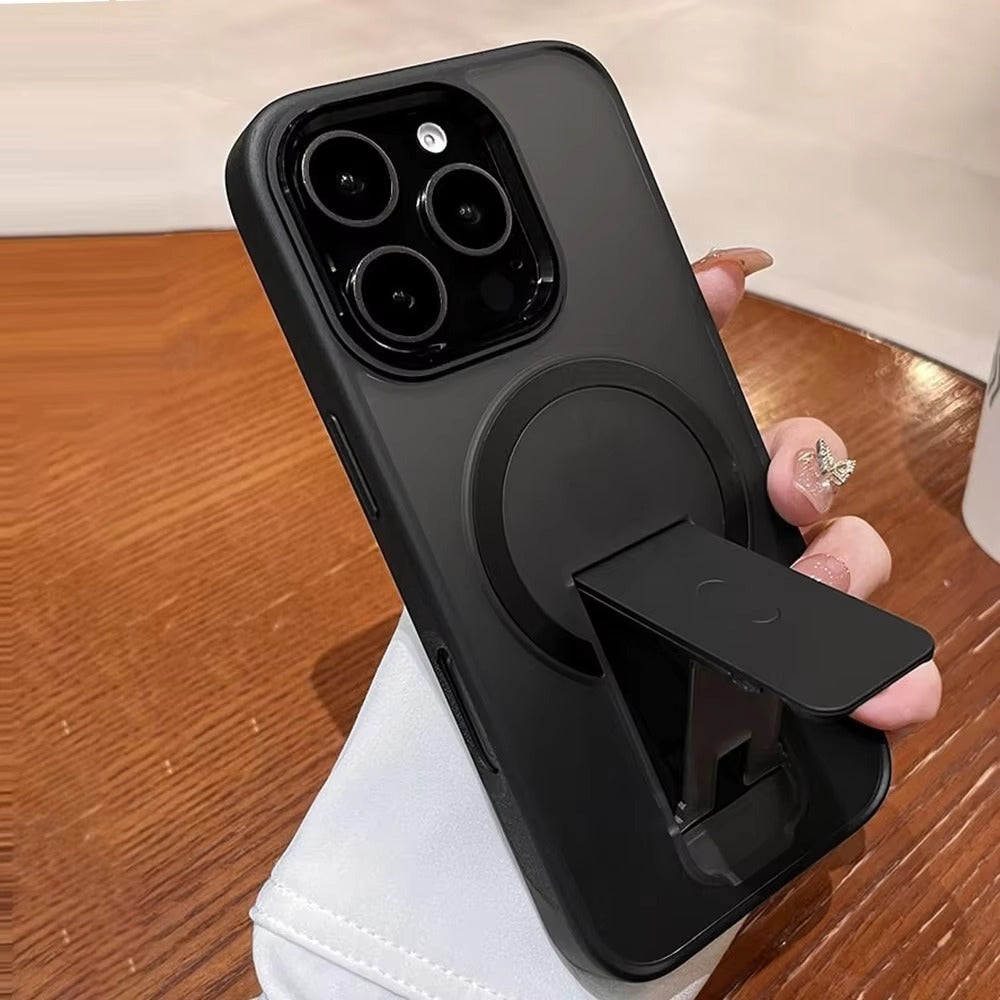 Luxury iPhone MagSafe Case with Fold Stand — Magnetic Kickstand Holder, Slim Shockproof Bumper Protection, Wireless Charging Compatible Design