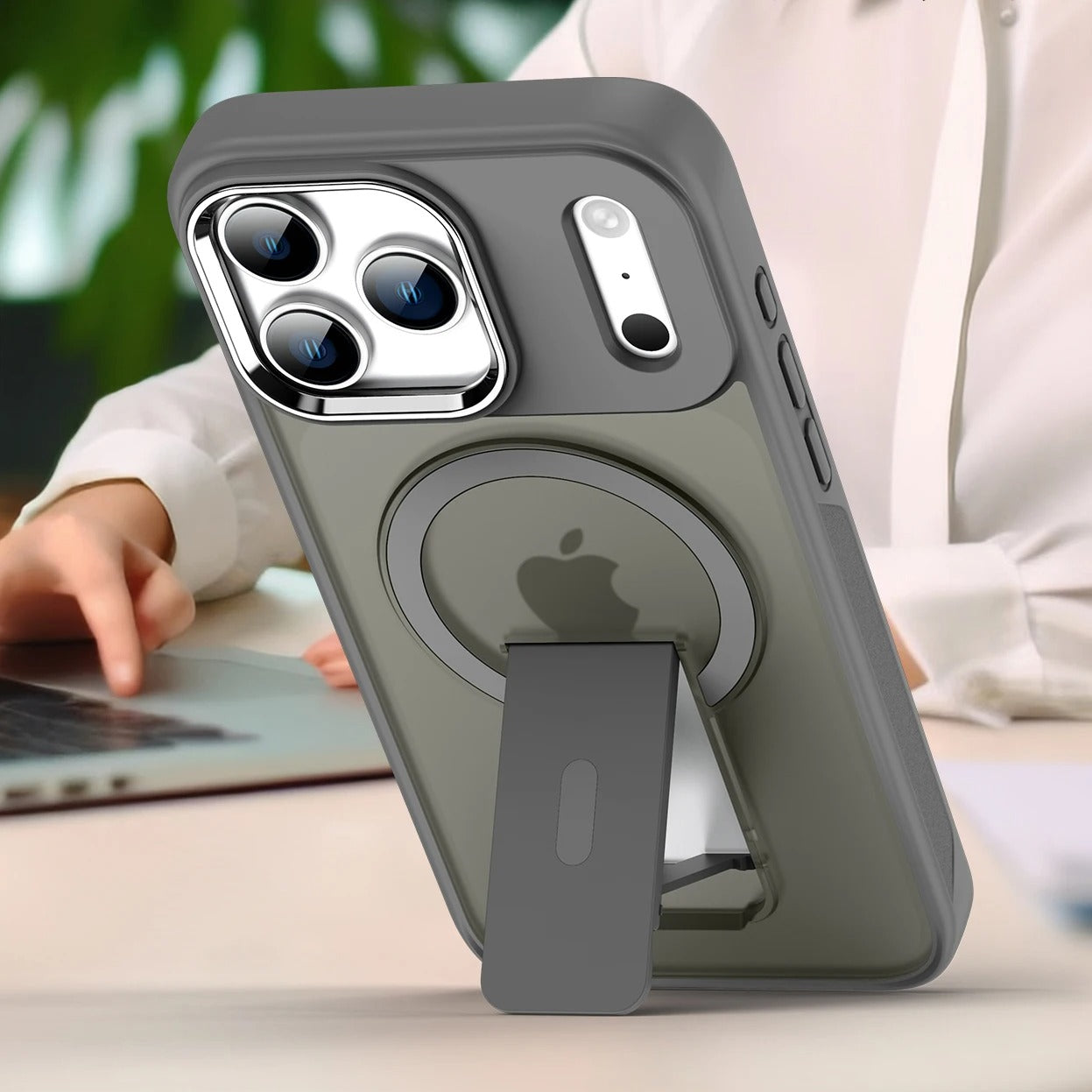 Luxury iPhone MagSafe Case with Fold Stand — Magnetic Kickstand Holder, Slim Shockproof Bumper Protection, Wireless Charging Compatible Design