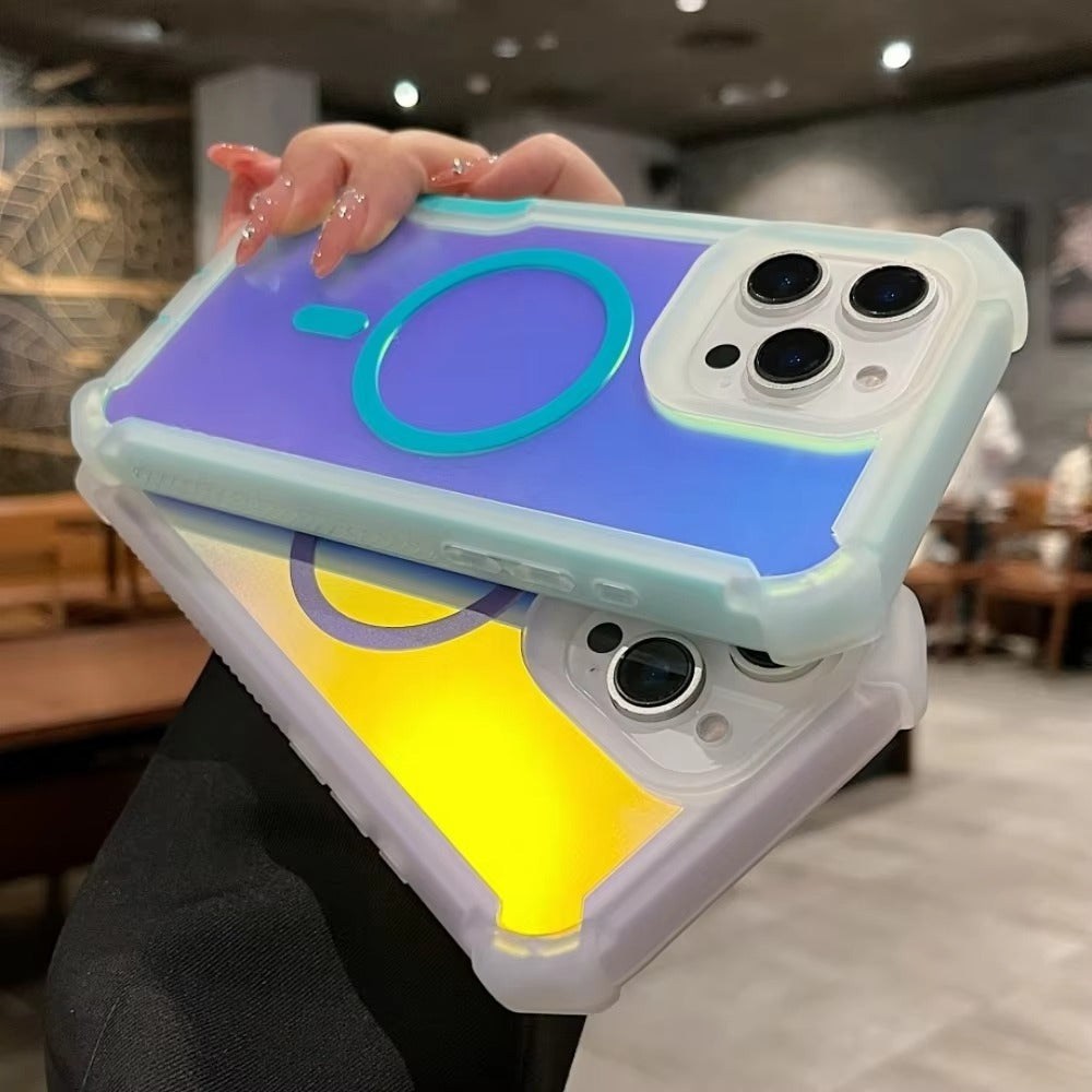 Luxury iPhone MagSafe Laser Armor Case — Color-Changing Dazzling Dual Layer Cover, Wireless Charging Compatible, Military Grade Shockproof Protection