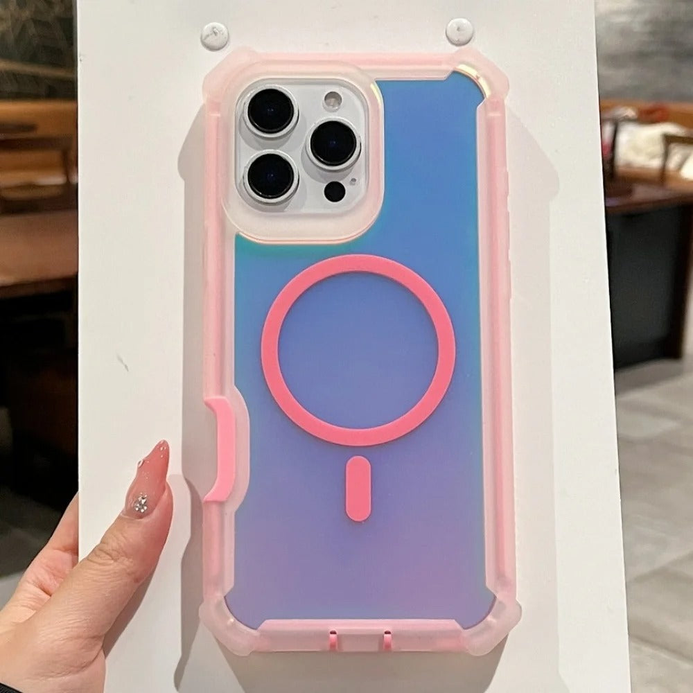 Luxury iPhone MagSafe Laser Armor Case — Color-Changing Dazzling Dual Layer Cover, Wireless Charging Compatible, Military Grade Shockproof Protection