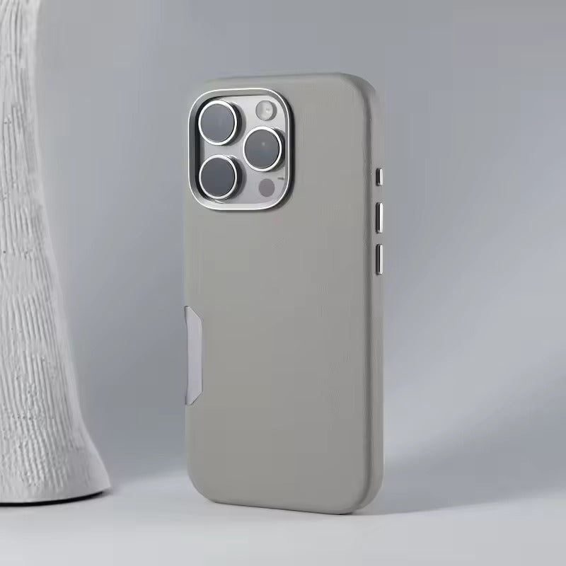 Luxury iPhone MagSafe Leather Case — Simple Solid Color Hard PC Cover, Wireless Charging Compatible, Alloy Lens Protection, Matte Anti-Fingerprint Finish