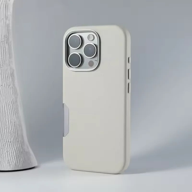 Luxury iPhone MagSafe Leather Case — Simple Solid Color Hard PC Cover, Wireless Charging Compatible, Alloy Lens Protection, Matte Anti-Fingerprint Finish