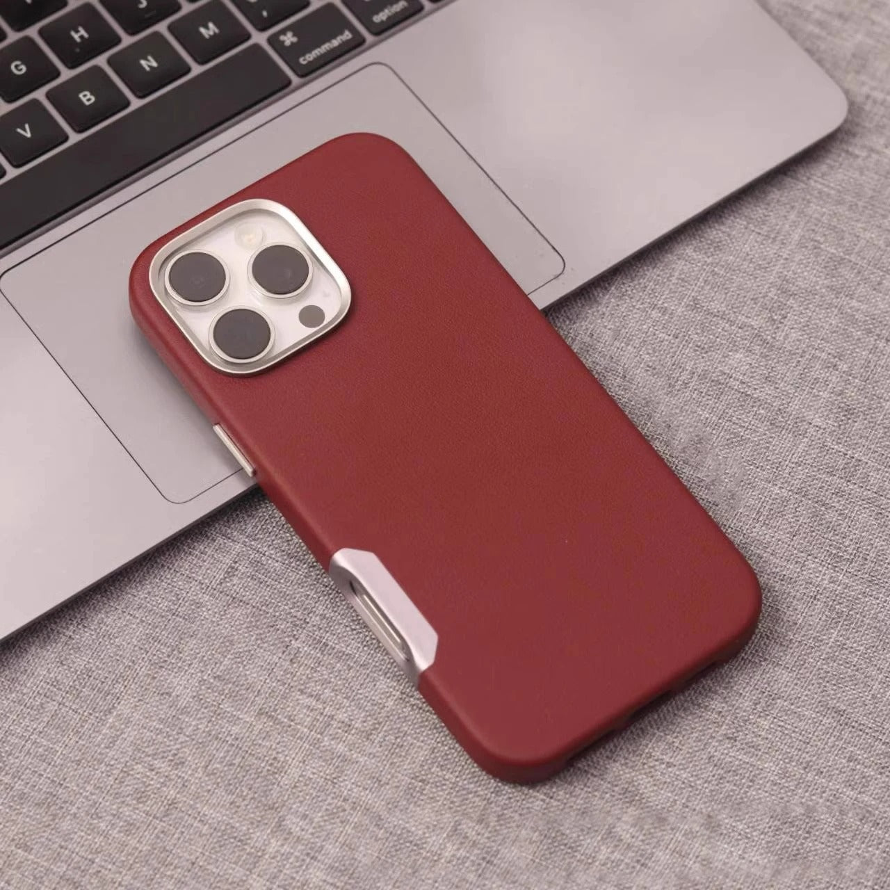 Luxury iPhone MagSafe Leather Case — Simple Solid Color Hard PC Cover, Wireless Charging Compatible, Alloy Lens Protection, Matte Anti-Fingerprint Finish