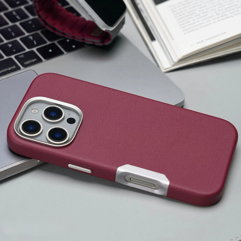 Luxury iPhone MagSafe Leather Case — Simple Solid Color Hard PC Cover, Wireless Charging Compatible, Alloy Lens Protection, Matte Anti-Fingerprint Finish