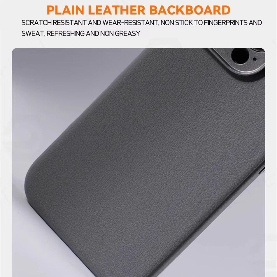 Luxury iPhone MagSafe Leather Case — Simple Solid Color Hard PC Cover, Wireless Charging Compatible, Alloy Lens Protection, Matte Anti-Fingerprint Finish