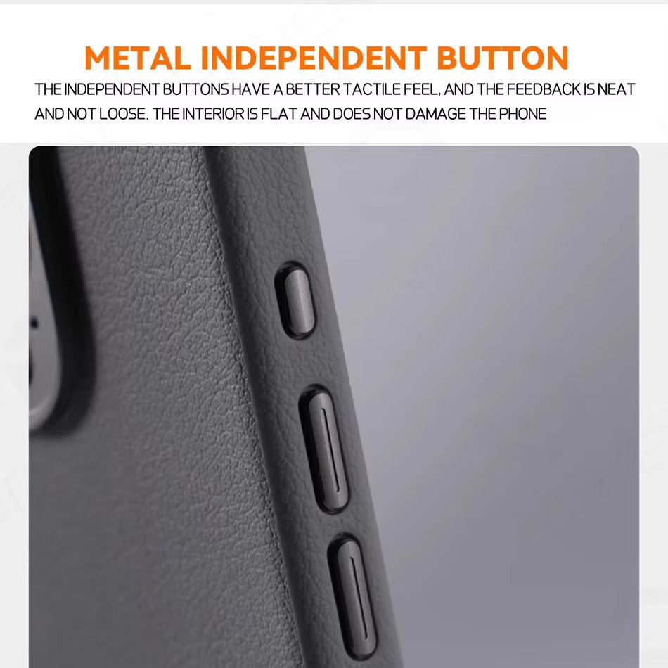 Luxury iPhone MagSafe Leather Case — Simple Solid Color Hard PC Cover, Wireless Charging Compatible, Alloy Lens Protection, Matte Anti-Fingerprint Finish