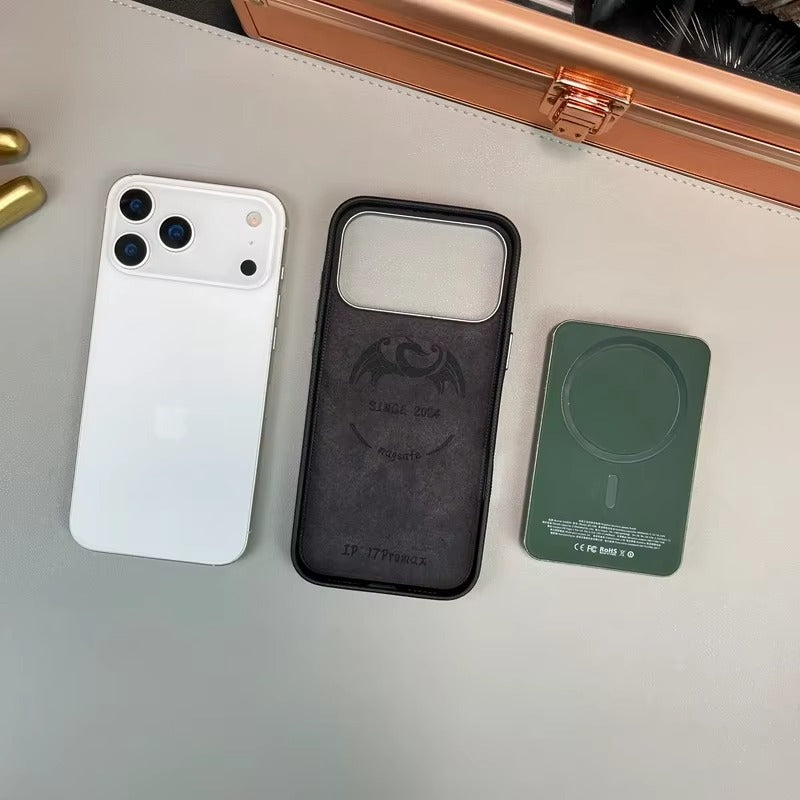 Luxury iPhone MagSafe Leather Case — Trendy Hit Color Relief Design with Alloy Lens Protection, Wireless Charging, Shockproof Anti-Fingerprint Cover