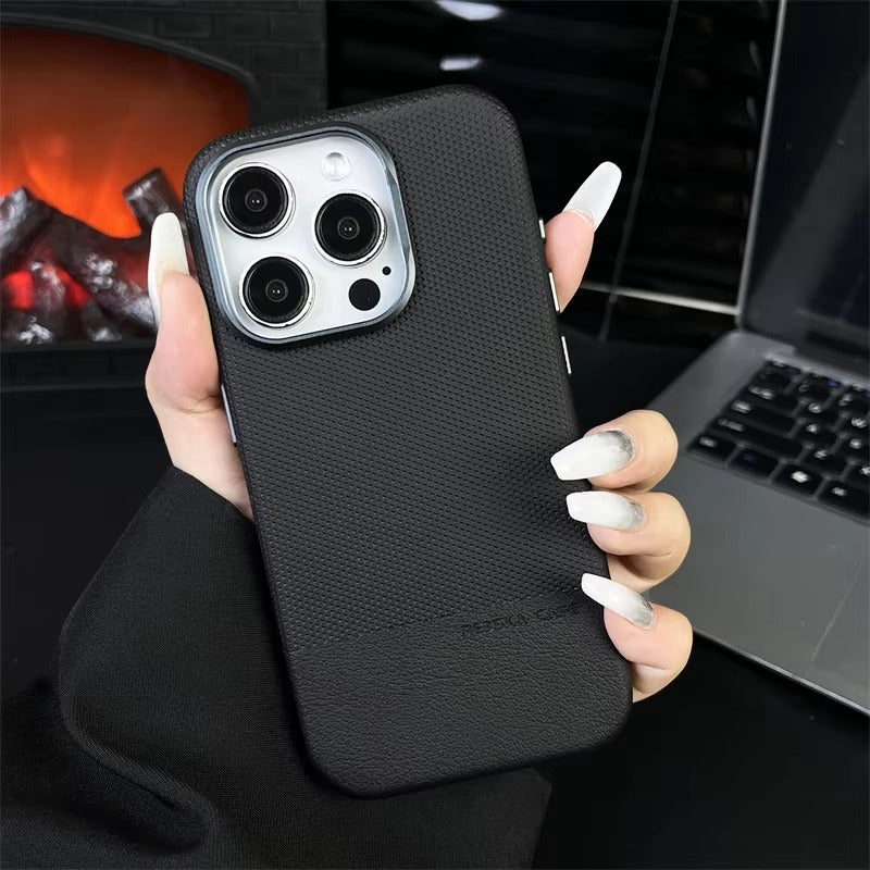 Luxury iPhone MagSafe Leather Case — Trendy Hit Color Relief Design with Alloy Lens Protection, Wireless Charging, Shockproof Anti-Fingerprint Cover