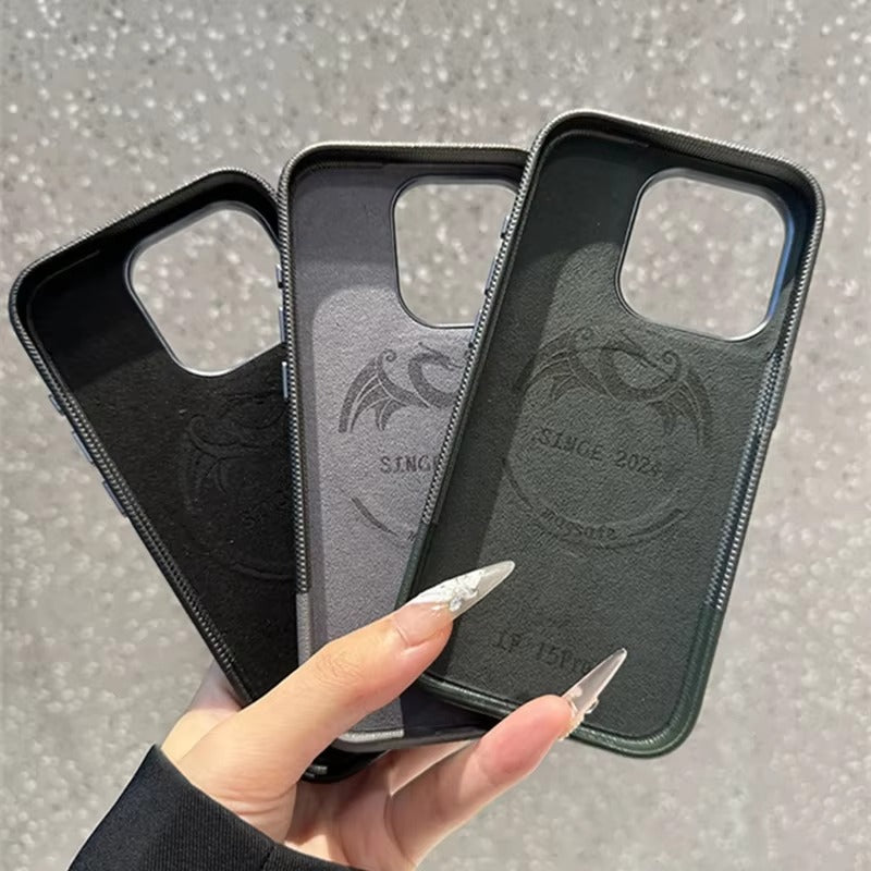 Luxury iPhone MagSafe Leather Case — Trendy Hit Color Relief Design with Alloy Lens Protection, Wireless Charging, Shockproof Anti-Fingerprint Cover