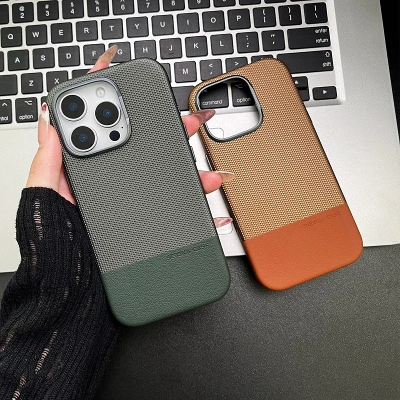 Luxury iPhone MagSafe Leather Case — Trendy Hit Color Relief Design with Alloy Lens Protection, Wireless Charging, Shockproof Anti-Fingerprint Cover