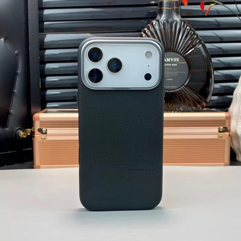 Luxury iPhone MagSafe Leather Case — Trendy Hit Color Relief Design with Alloy Lens Protection, Wireless Charging, Shockproof Anti-Fingerprint Cover