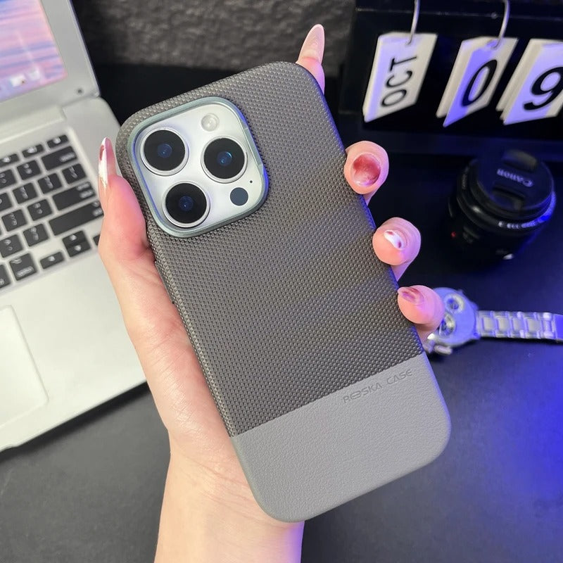 Luxury iPhone MagSafe Leather Case — Trendy Hit Color Relief Design with Alloy Lens Protection, Wireless Charging, Shockproof Anti-Fingerprint Cover