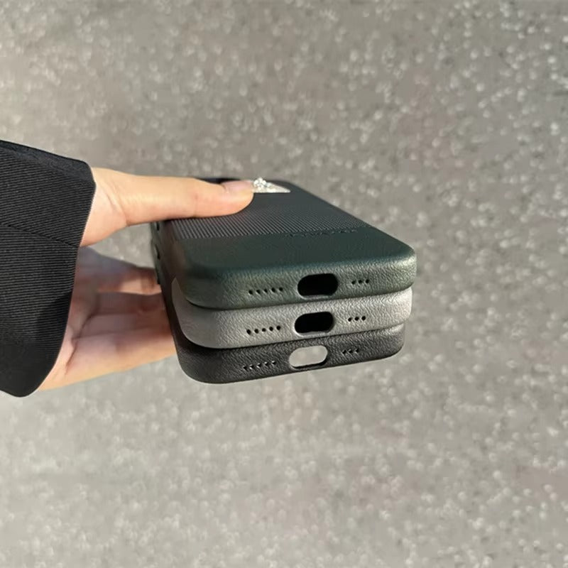 Luxury iPhone MagSafe Leather Case — Trendy Hit Color Relief Design with Alloy Lens Protection, Wireless Charging, Shockproof Anti-Fingerprint Cover