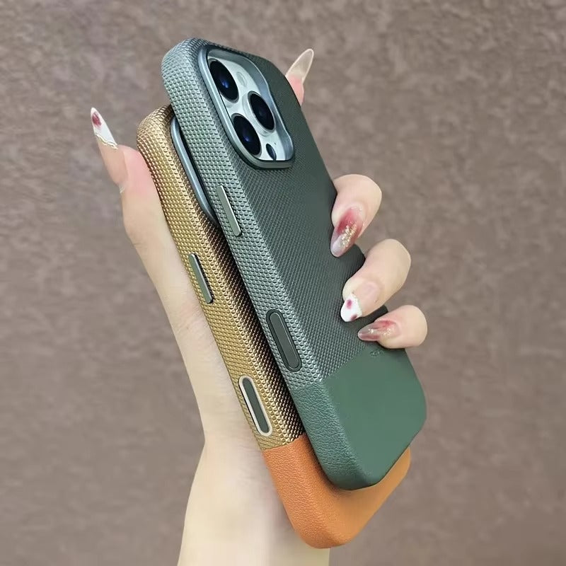 Luxury iPhone MagSafe Leather Case — Trendy Hit Color Relief Design with Alloy Lens Protection, Wireless Charging, Shockproof Anti-Fingerprint Cover