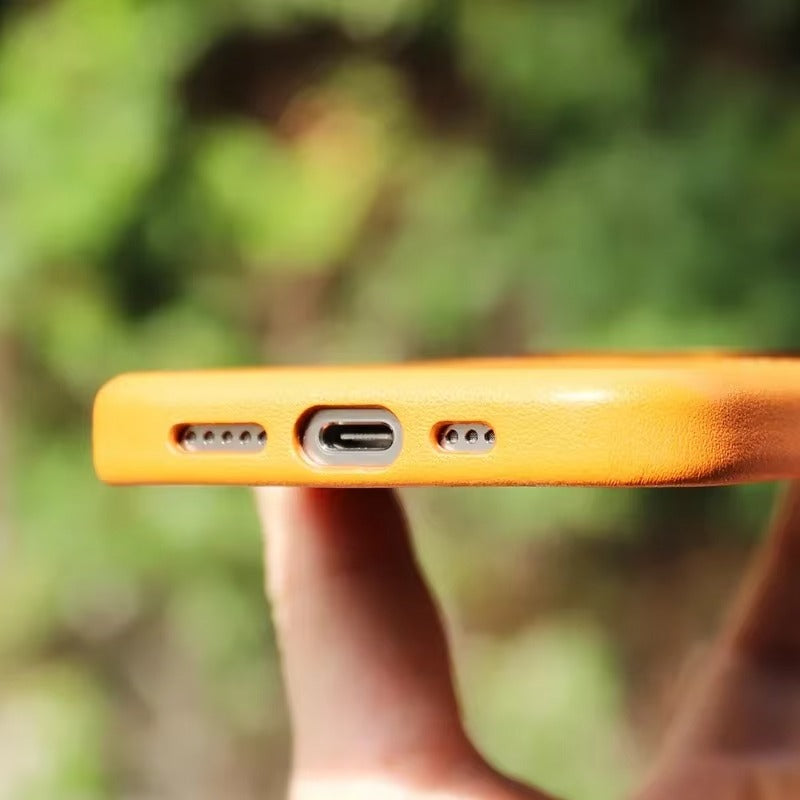 Luxury iPhone MagSafe Leather Case with Card Holder — Hit Color Design, Pocket Wireless Charging Cover, Alloy Lens Protection, Shockproof Anti-Fingerprint Finish