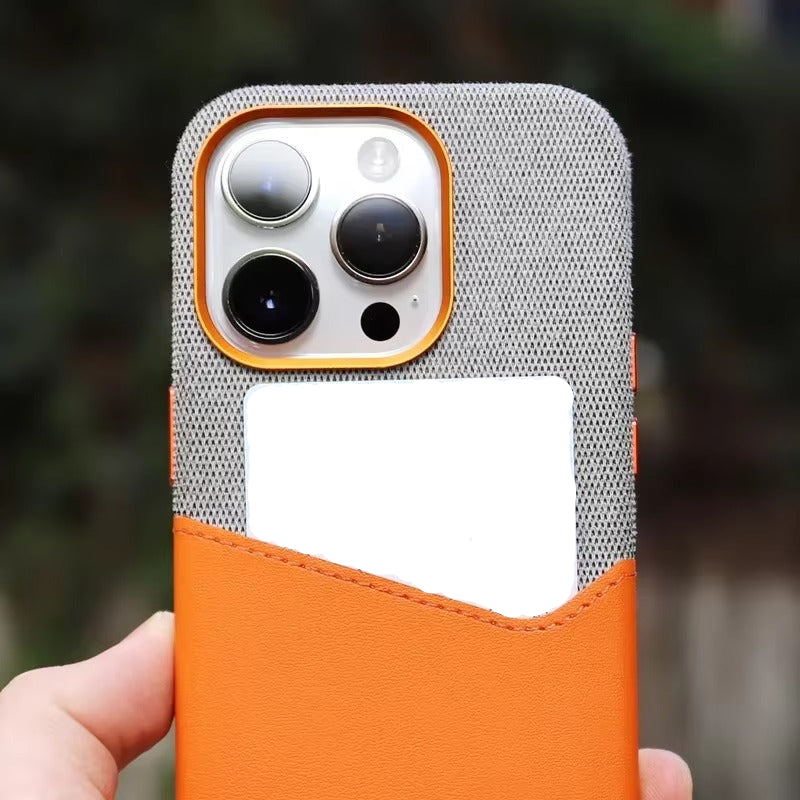 Luxury iPhone MagSafe Leather Case with Card Holder — Hit Color Design, Pocket Wireless Charging Cover, Alloy Lens Protection, Shockproof Anti-Fingerprint Finish