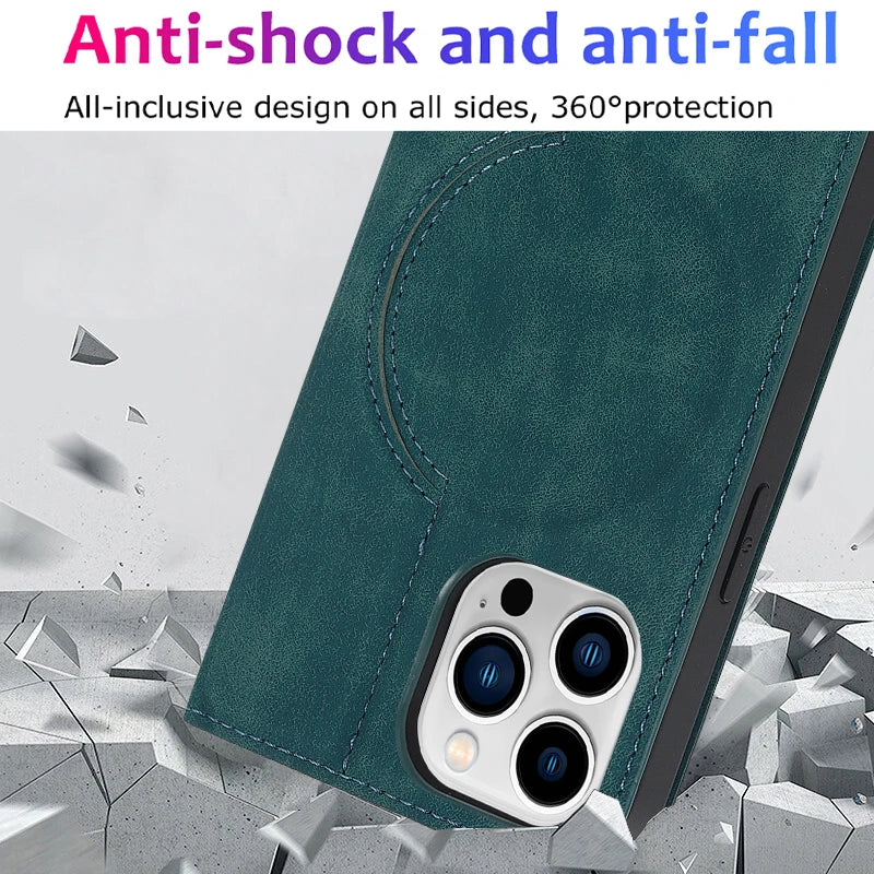 Luxury iPhone Case Genuine Cowhide Leather Wallet Cover — Magnetic Card Holder Plating Shell, Shockproof Dual Layer Protection, Anti-Fingerprint Scratch-Resistant