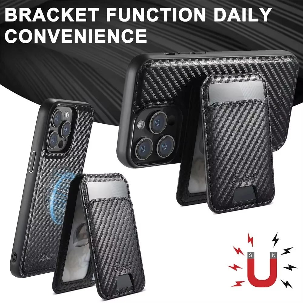 Luxury iPhone MagSafe Wallet Case with Removable Card Holder — Carbon Fiber Texture, Magnetic Cover, Shockproof Anti-Scratch Dustproof Non-Slip Design
