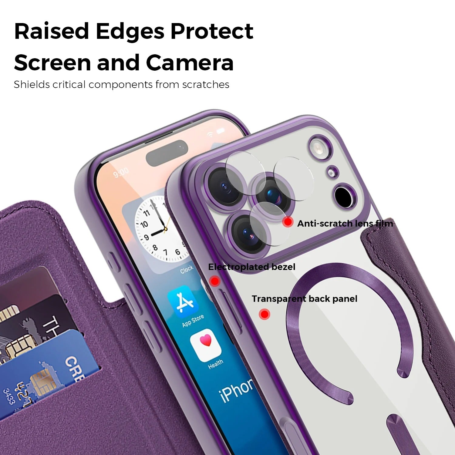 Luxury iPhone Magnetic Flip Case — PU Leather Plating Clear Cover with Card Holder, MagSafe Stand Support, Shockproof Anti-Fingerprint Full Coverage Design