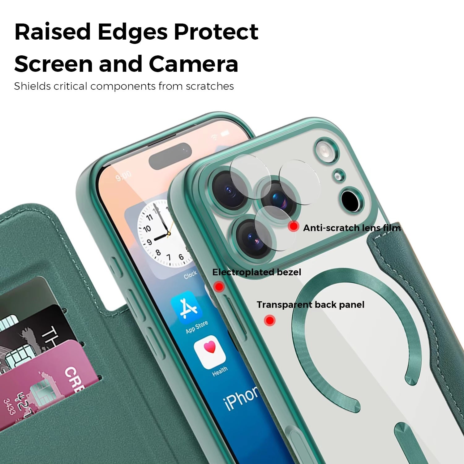 Luxury iPhone Magnetic Flip Case — PU Leather Plating Clear Cover with Card Holder, MagSafe Stand Support, Shockproof Anti-Fingerprint Full Coverage Design
