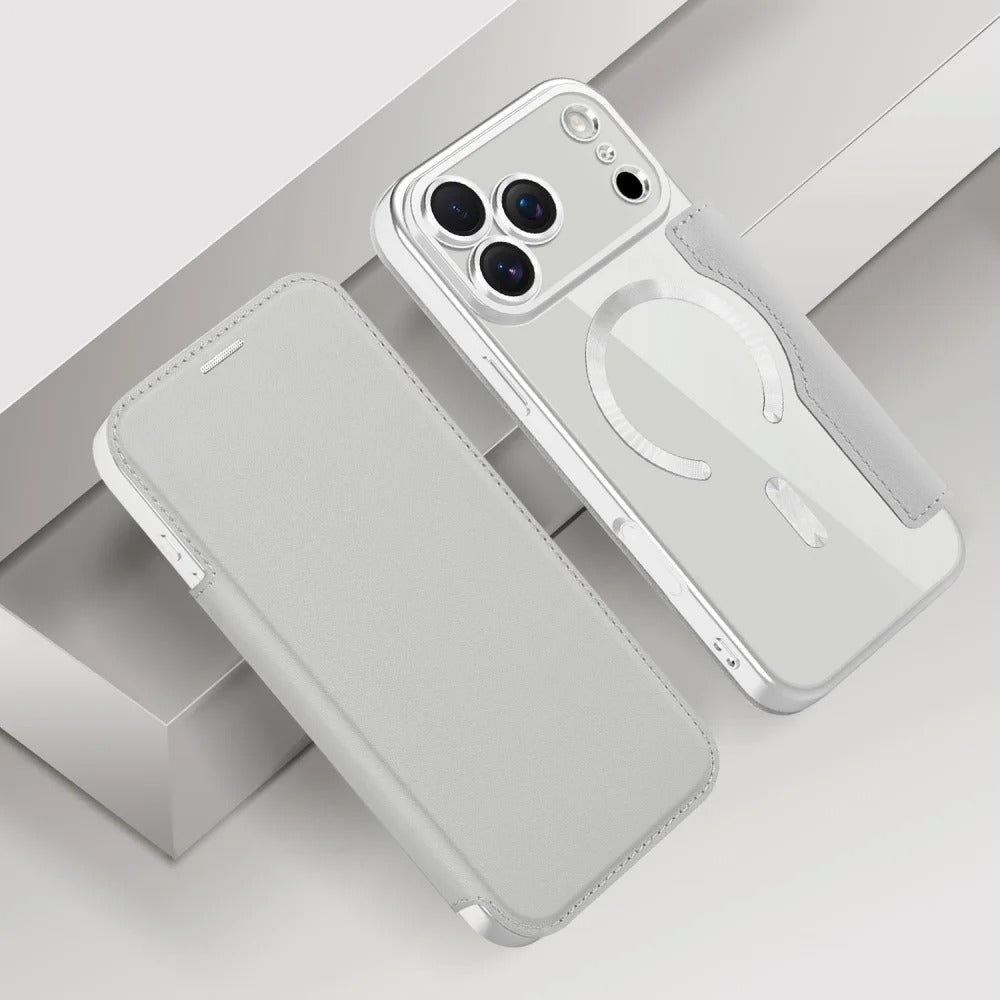 Luxury iPhone Magnetic Flip Case — PU Leather Plating Clear Cover with Card Holder, MagSafe Stand Support, Shockproof Anti-Fingerprint Full Coverage Design