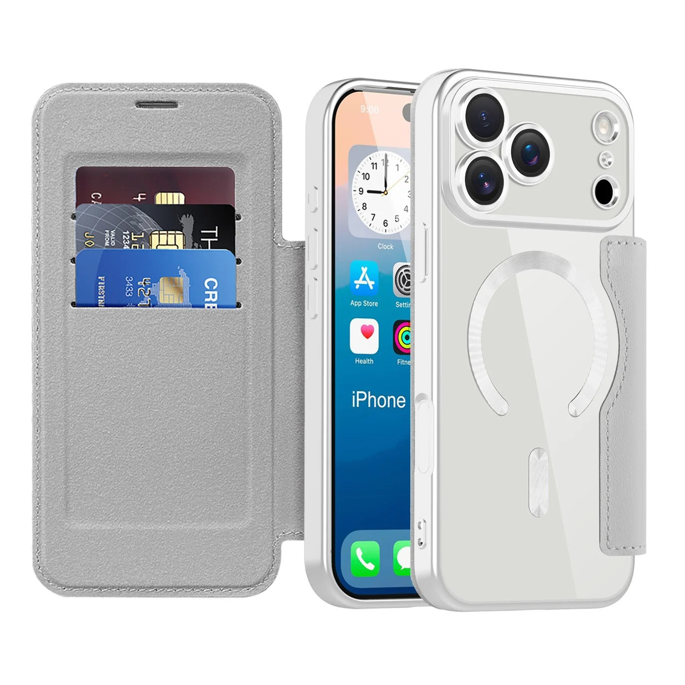 Luxury iPhone Magnetic Flip Case — PU Leather Plating Clear Cover with Card Holder, MagSafe Stand Support, Shockproof Anti-Fingerprint Full Coverage Design