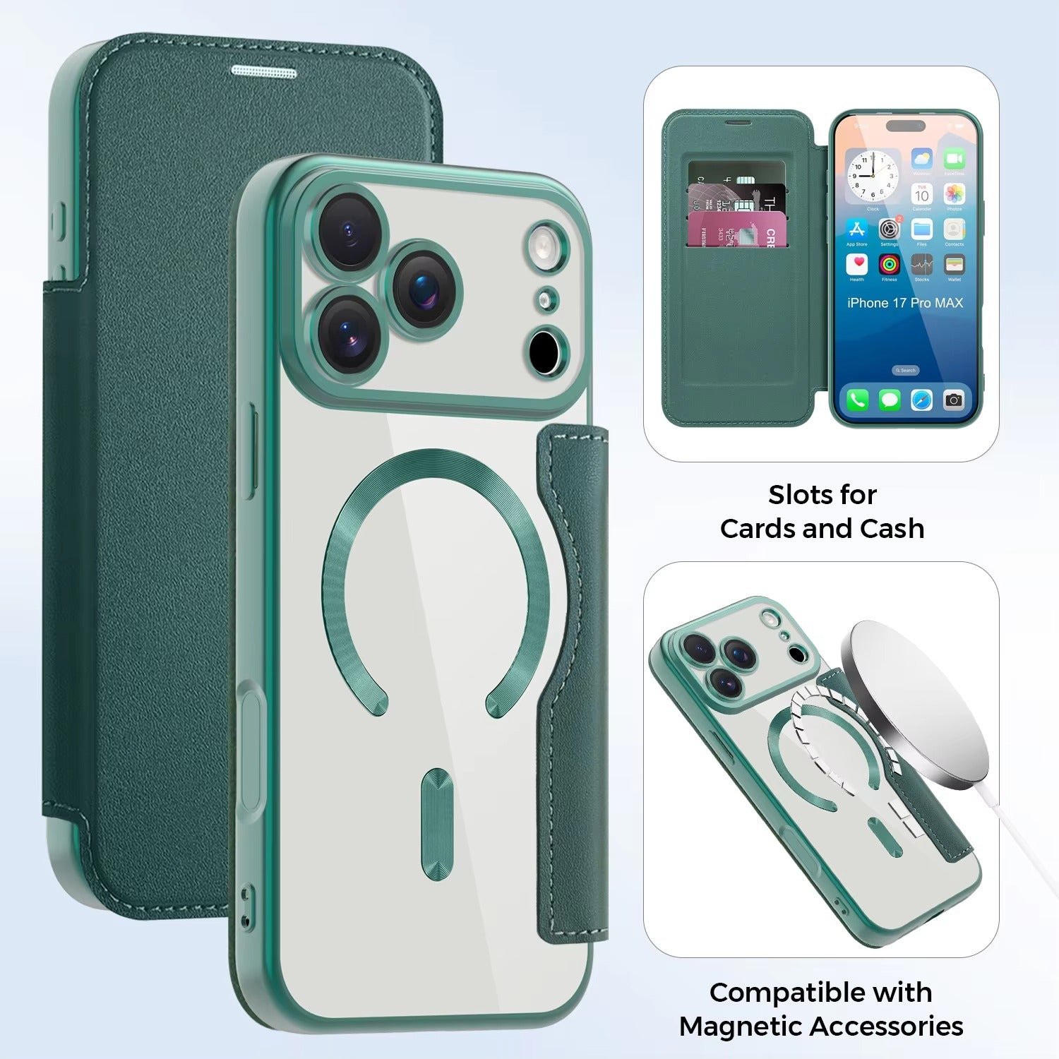 Luxury iPhone Magnetic Flip Case — PU Leather Plating Clear Cover with Card Holder, MagSafe Stand Support, Shockproof Anti-Fingerprint Full Coverage Design