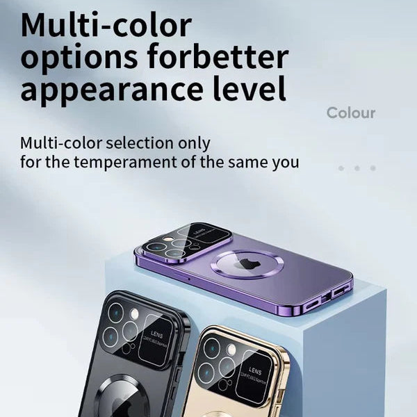 Luxury iPhone Magnetic Metal Case with Large Window Lens Protection — Aluminum Frame, Tempered Glass Screen Protector, Shockproof Slim Scratch-Resistant Cover