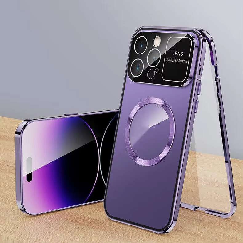 Luxury iPhone Magnetic Metal Case with Large Window Lens Protection — Aluminum Frame, Tempered Glass Screen Protector, Shockproof Slim Scratch-Resistant Cover