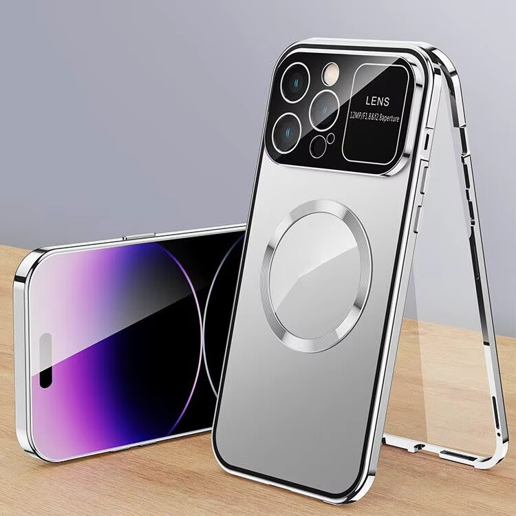 Luxury iPhone Magnetic Metal Case with Large Window Lens Protection — Aluminum Frame, Tempered Glass Screen Protector, Shockproof Slim Scratch-Resistant Cover