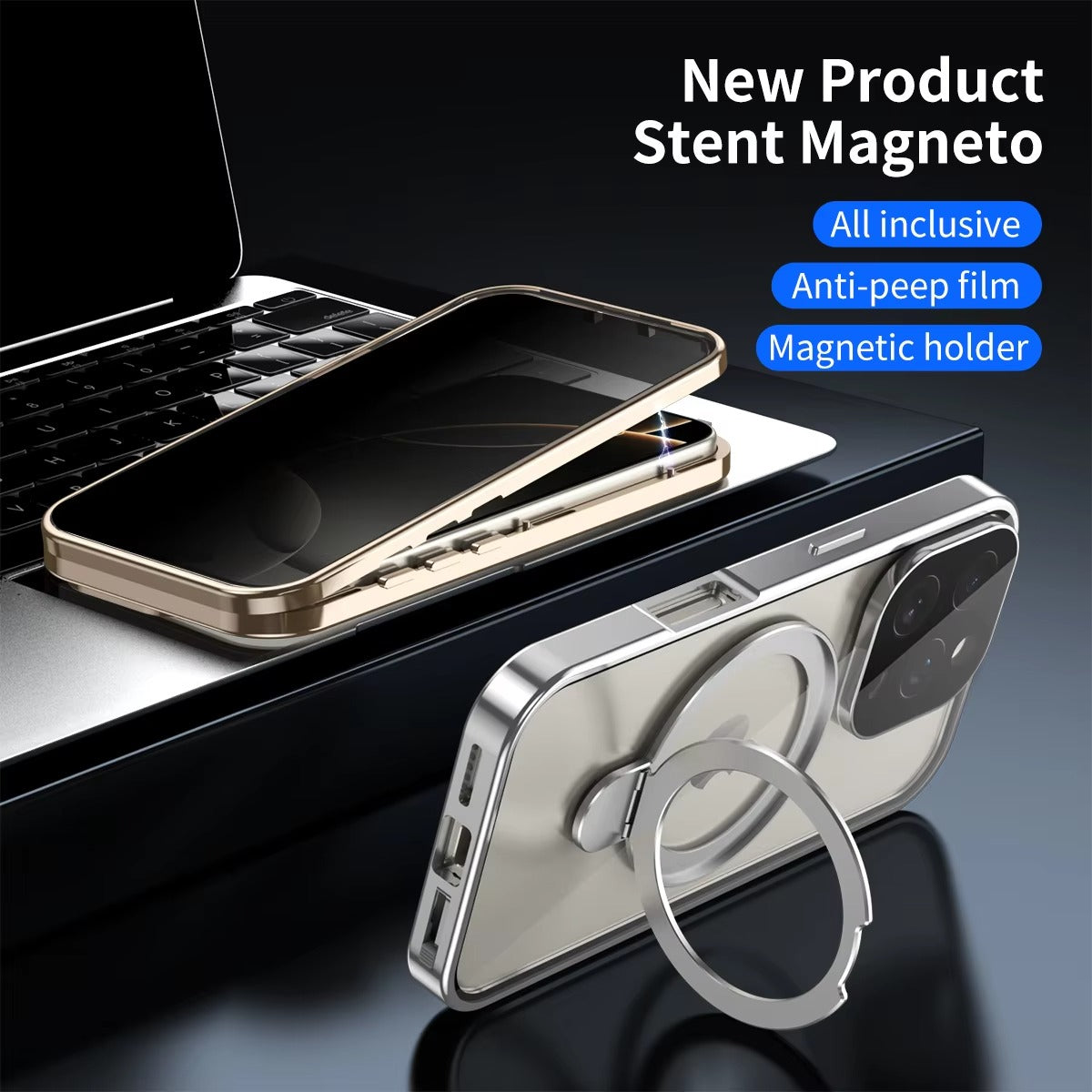Luxury iPhone Magnetic Metal Frame Case — Double-Sided Anti-Peeping Glass Cover with Bracket Stand, Hard Anti-Drop Shockproof Protection