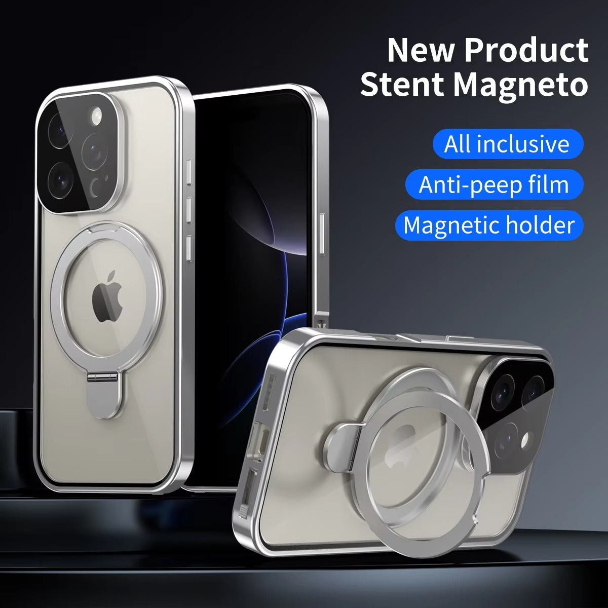 Luxury iPhone Magnetic Metal Frame Case — Double-Sided Anti-Peeping Glass Cover with Bracket Stand, Hard Anti-Drop Shockproof Protection