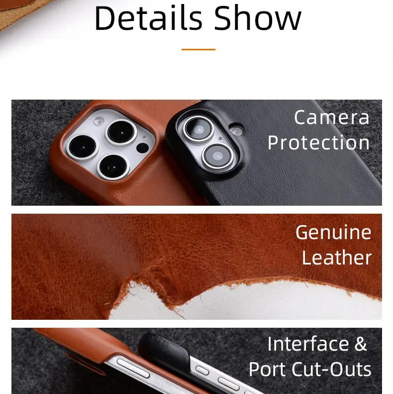 Luxury iPhone Magnetic Oil Wax Leather Case — Handmade Genuine Leather Cover with MagSafe, Slim Shockproof Design, Anti-Fingerprint Scratch-Resistant Finish