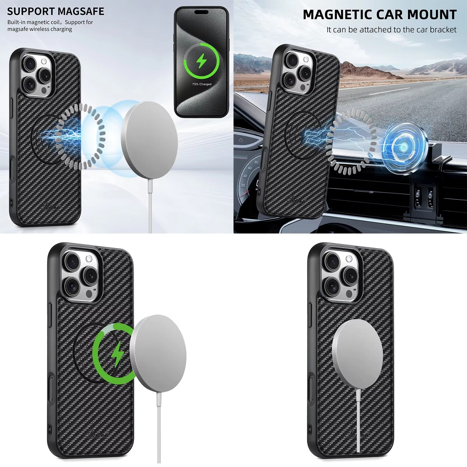 Luxury iPhone Magnetic Wallet Case — Faux Leather Card Holder Bag with Stand, MagSafe Wireless Charging Compatible, Slim Shockproof Design