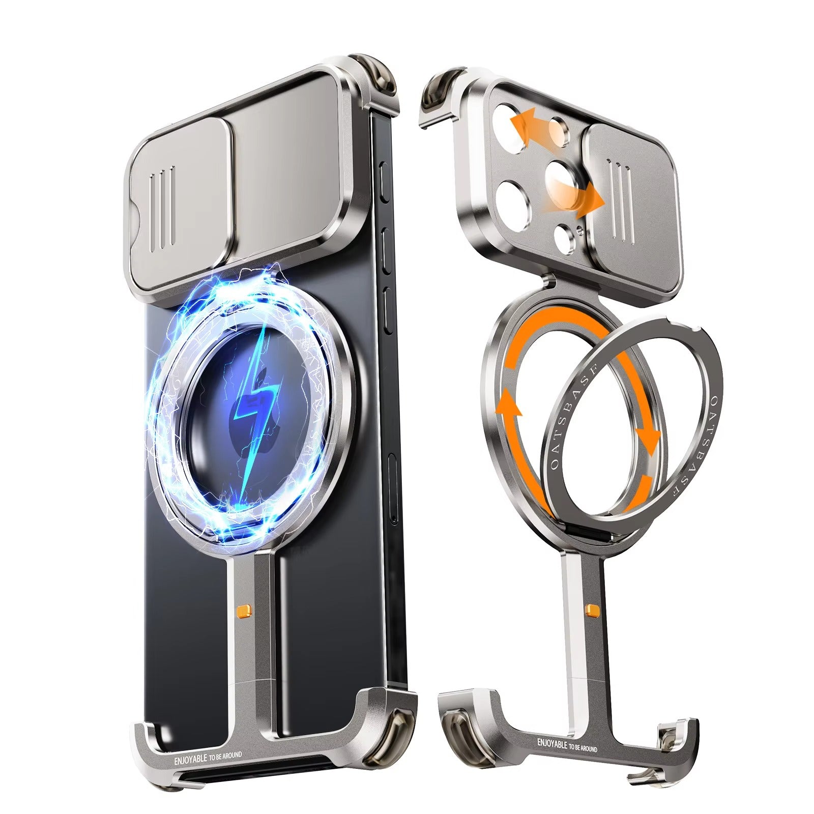 Luxury iPhone Metal Frameless Magnetic Case — Aluminum Alloy Cover with Ring Stand, Shockproof Camera Protection, Heavy Duty Matte Finish