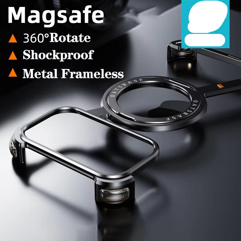 Luxury iPhone Metal Magnetic Case — Frameless Aluminum Alloy Cover with 360° Rotating Stand Ring, MagSafe Compatible Shockproof Protective Design