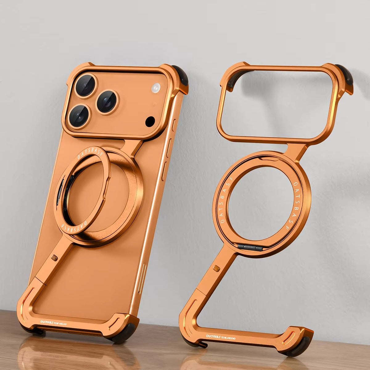 Luxury iPhone Metal Magnetic Case — Frameless Aluminum Alloy Cover with 360° Rotating Stand Ring, MagSafe Compatible Shockproof Protective Design