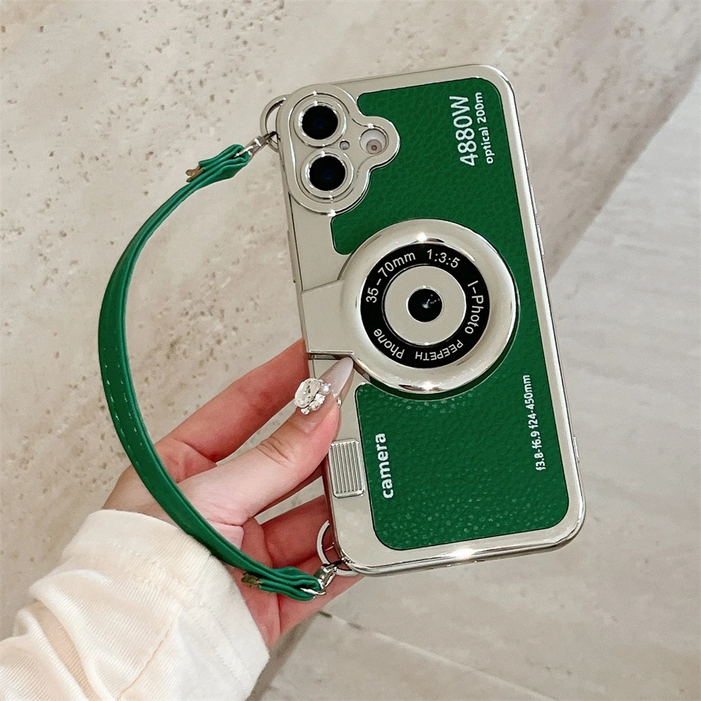 Luxury iPhone Retro Camera Case Emily in Paris Edition — PU Leather Sling Cover with Bracelet Strap, Stylish Pictorial Design, Shockproof Protective Finish